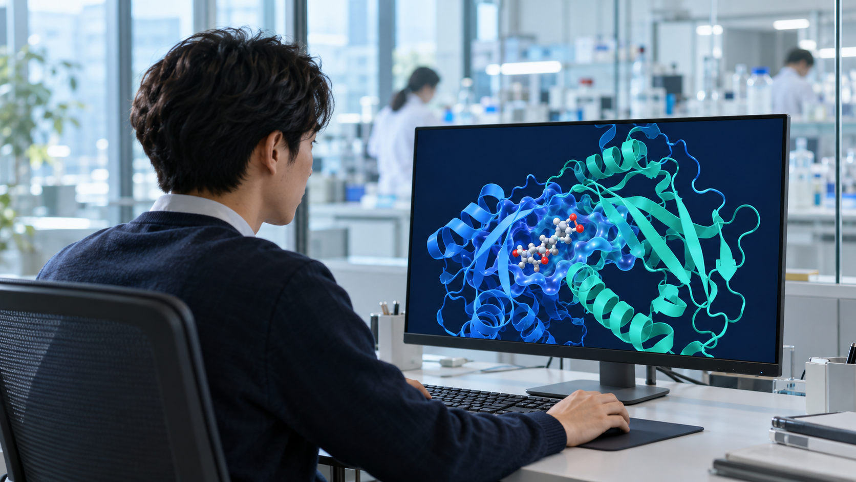 研究者とタンパク質構造のイメージ