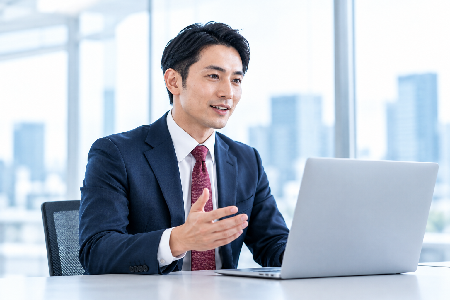 パソコンで業務の説明を練習するビジネスパーソンのイメージ
